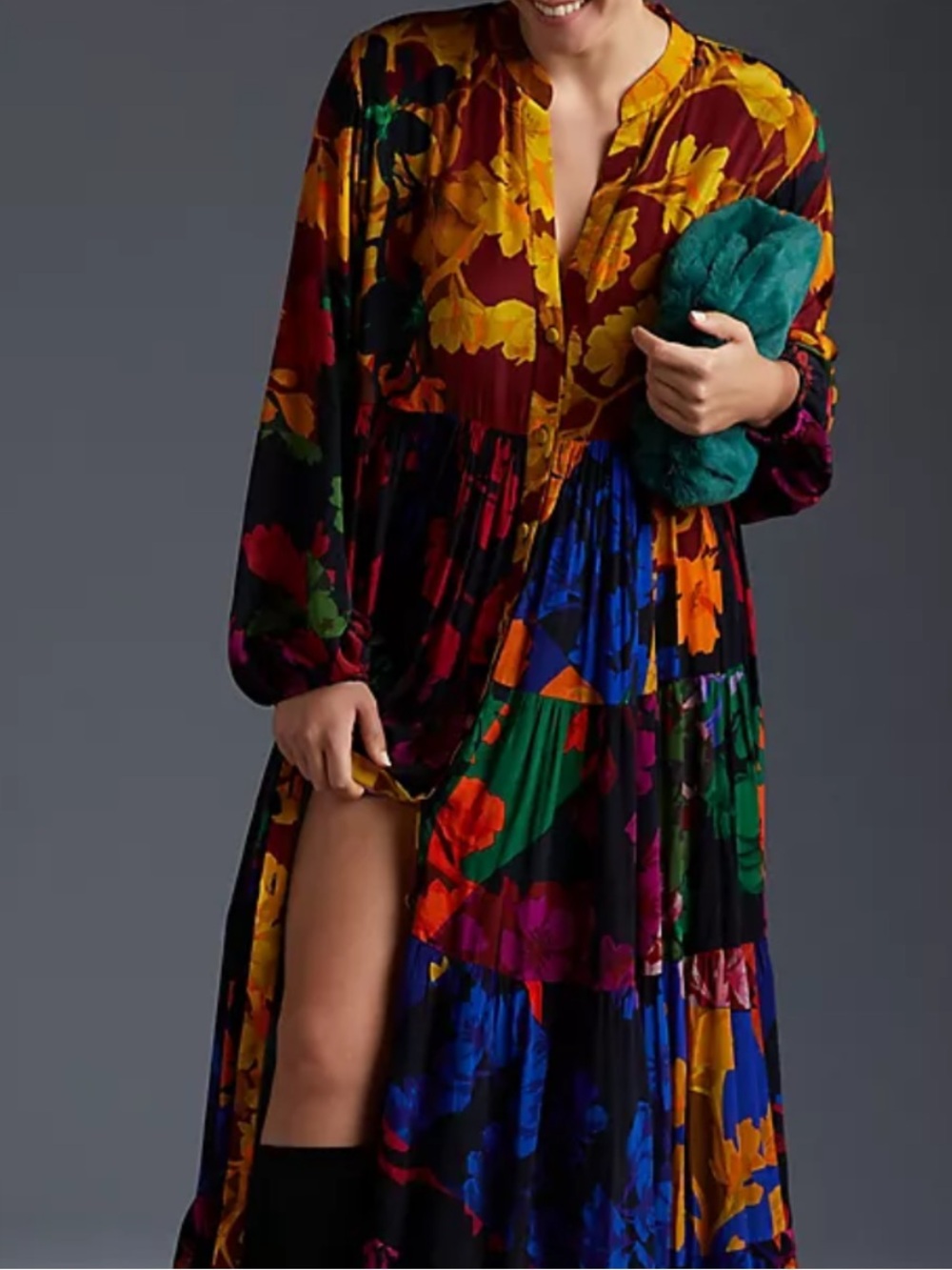 Anthropologie Siddhartha Bansal Button Front Floral Print Tiered Maxi Dress S